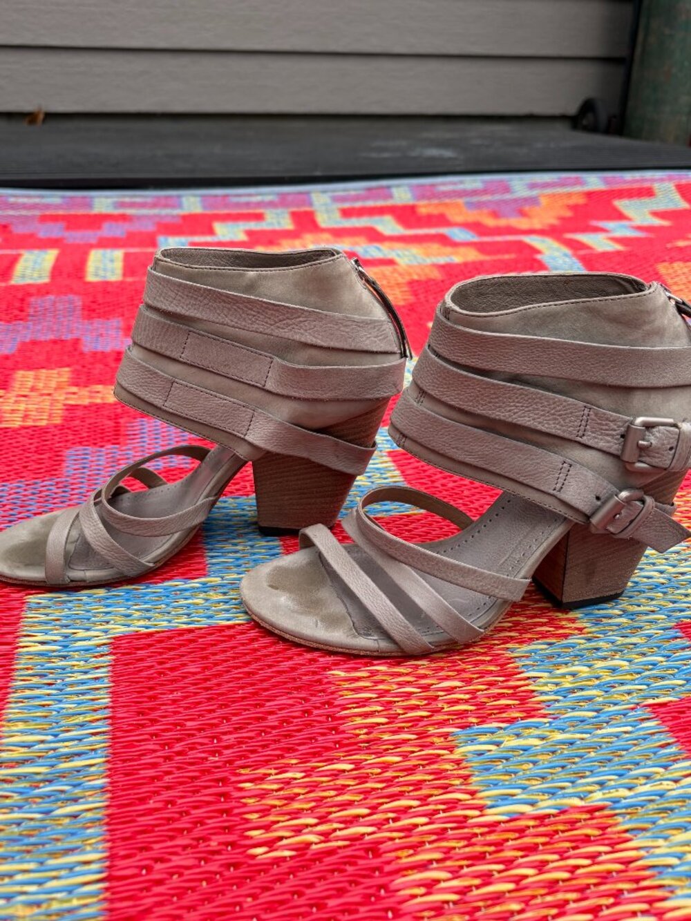 Vic Matié Italy Gray Leather Double Buckle Strappy Sandals Block Heel| Size 6.5 - Picture 6 of 12
